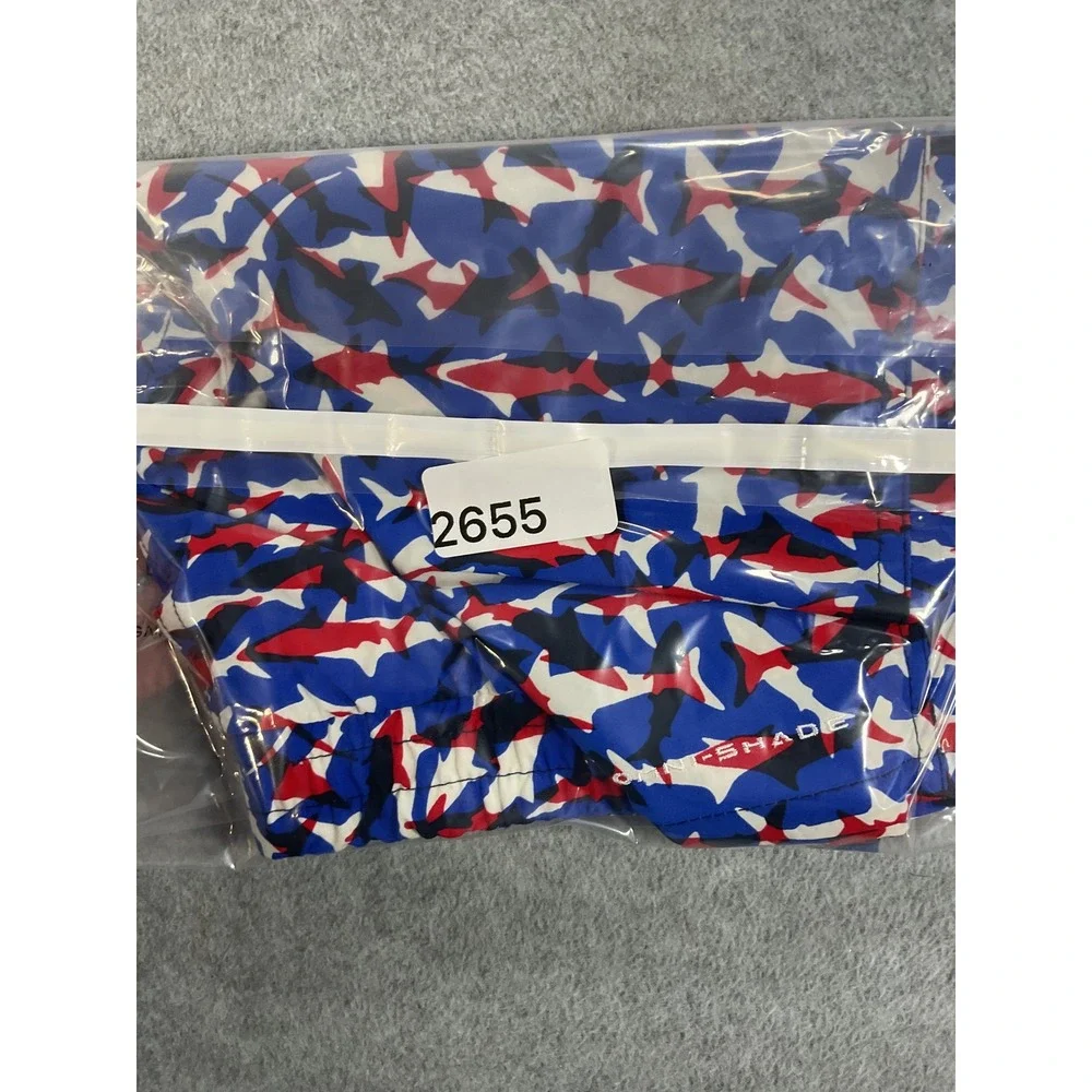 Columbia PFG Mens Shark Print Swim Trunks Red White Blue L 14/16 Omni-Shade 2655